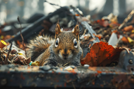 Squirrel is sitting on a pile of leaves and twigs. The squirrel is looking at the cameraの素材