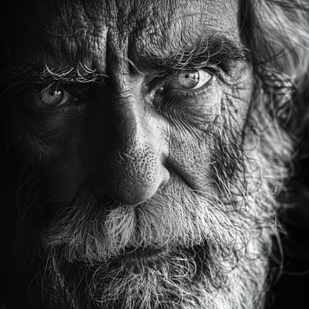 Man with a beard and a mustache has his eyes closed. He looks angry and is staring at the cameraの素材