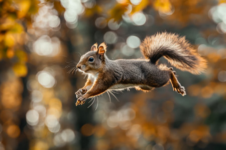 Squirrel is jumping through the air. The image has a lively and energetic mood, as the squirrel is in motion and he is enjoying himselfの素材