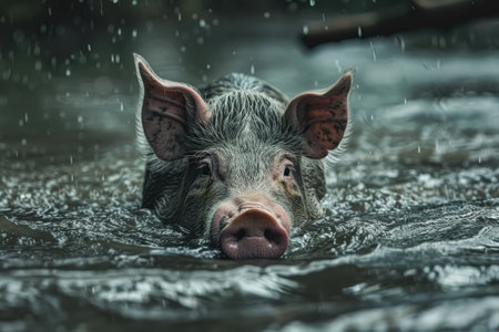 Pig is swimming in a body of water. The pig is looking up at the camera. The water is murky and the sky is cloudyの素材