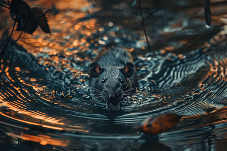 Rat is swimming in a body of water. The water is murky and the rat is the only visible animalの素材