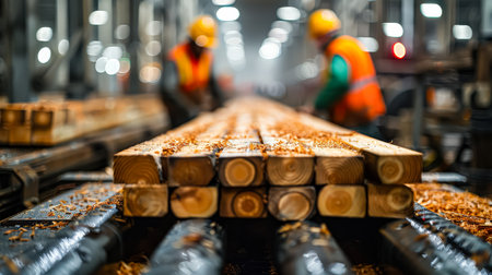 Two men in orange vests are working on a conveyor belt with wooden planks. The conveyor belt is covered in sawdust and the men are wearing hard hats. Concept of industry and hard workの素材