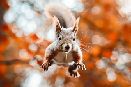 Squirrel is jumping through the air with its head up. The image has a playful and energetic mood, as the squirrel appears to be enjoying its flightの素材