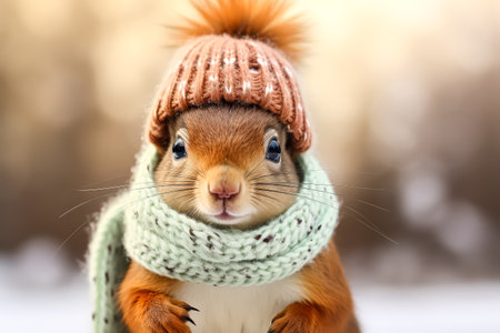 Squirrel wearing a green scarf and a red hat. The squirrel is looking at the camera with a smileの素材