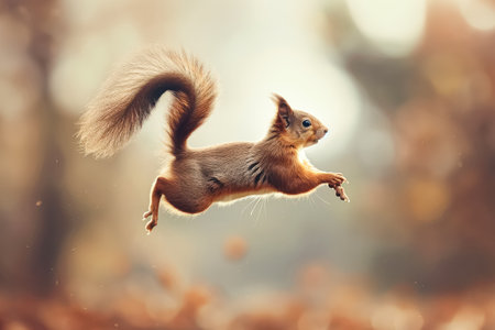 Squirrel is jumping in the air. The image has a playful and energetic mood. The squirrel's movement and the surrounding leaves create a sense of motion and lifeの素材