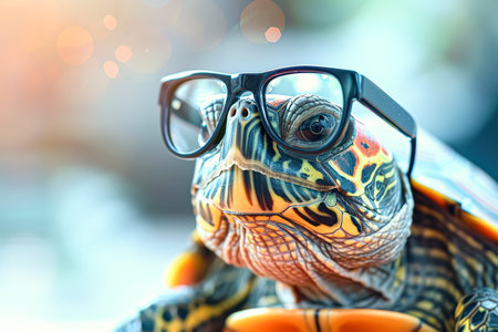 Turtle wearing glasses is the main focus of the image. The turtle is wearing a pair of black glasses and he is looking at the camera. The image has a playful and lighthearted moodの素材