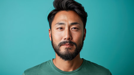 Man with a beard and mustache is wearing a green shirt and looking at the camera. The image has a casual and friendly vibe, as the man is posing for a photoの素材