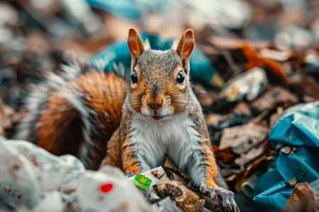Squirrel is sitting on a pile of trash, looking up at the camera. The scene is messy and chaotic, with garbage scattered everywhere. The squirrel seems to be curious about the cameraの素材