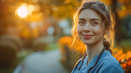Woman wearing a blue scrubs is smiling and looking at the camera. She is wearing a stethoscope around her neckの素材