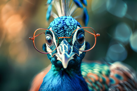 Peacock wearing glasses is staring at the camera. The image has a playful and whimsical mood, as the bird is dressed in human-like clothing and accessoriesの素材