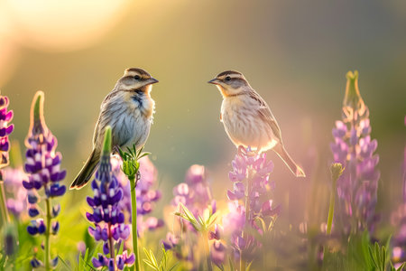 Two birds are perched on a purple flower. The birds are looking at each other. The image has a peaceful and serene moodの素材