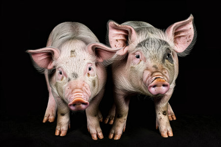 Two pigs standing next to each other on a black background. Concept of companionship and unity between the two animalsの素材