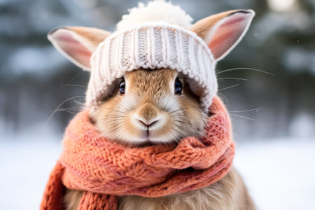 Rabbit wearing a white hat and orange scarf. The rabbit is looking at the camera with a curious expressionの素材