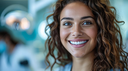 Woman with curly hair is smiling and looking at the camera. She has a white bandana on her headの素材