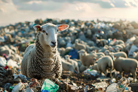 Sheep is standing in a pile of trash with other sheep. The sheep is looking at the cameraの素材