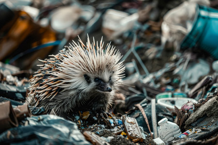 Small animal with a long, pointy nose is standing in a pile of trash. The trash is made up of various items, including plastic cups and bottles. Concept of neglect and disregard for the environmentの素材