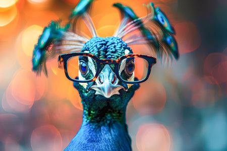 Peacock wearing glasses is staring at the camera. The image has a playful and whimsical mood, as the peacock is dressed in human clothing and accessories. The bright colors of the peacock's feathersの素材