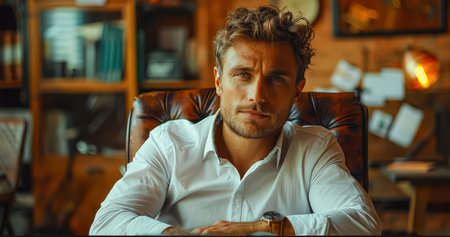 Man in a white shirt sits in a leather chair in a room with a clock on the wallの素材