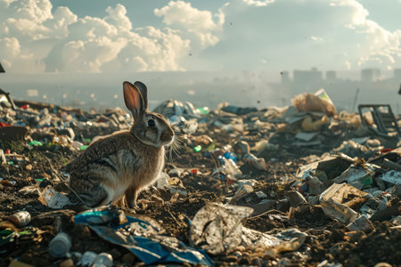 Rabbit is standing in a pile of trash. The rabbit is alone and he is looking up at the sky. The scene is bleak and desolate, with the rabbit being the only living creature in the areaの素材