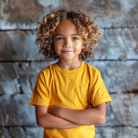 Young boy with curly hair is wearing a yellow shirt and is smiling. He is standing in front of a wooden wallの素材