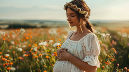 Woman is standing in a field of flowers, wearing a white dress and a flower crown. She is pregnant and she is enjoying the beauty of the flowers around herの素材