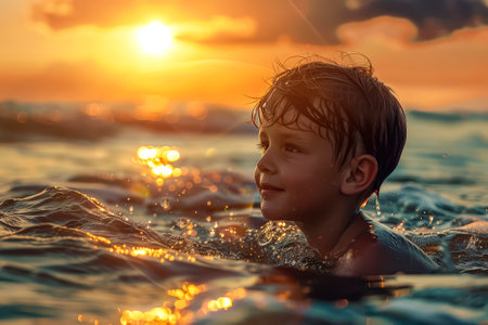 Young boy is swimming in the ocean, with the sun setting in the background. The boy is smiling and enjoying the waterの素材