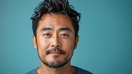 Man with a beard and a mustache is standing in front of a blue wall. He has a serious expression on his faceの素材