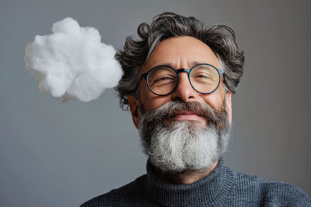 Man with a beard and glasses is smiling and looking up at a cloud. Concept of happiness and contentment, as the man is enjoying the moment and taking in the beauty of the cloudの素材