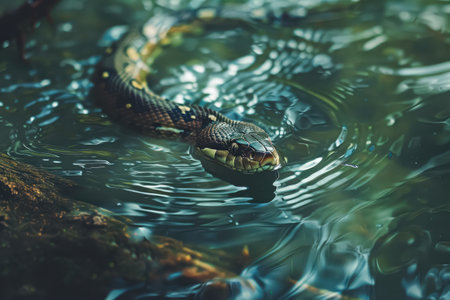Snake is swimming in a body of water. The water is green and the snake is blackの素材