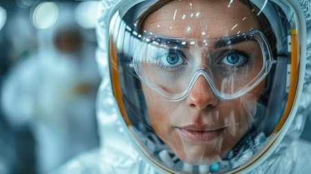 Woman wearing a white suit and goggles with blue eyes. She is looking at the camera. Concept of professionalism and focusの素材