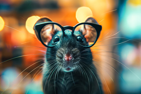 Black rat wearing glasses is staring at the camera. The image has a playful and humorous mood, as the rat is dressed up in a human-like mannerの素材