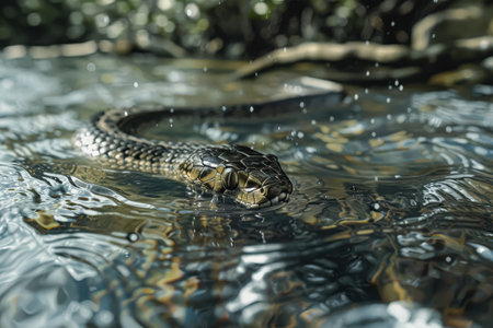 Snake is swimming in a body of water. The water is calm and clear, and the snake is the only thing visible in the imageの素材