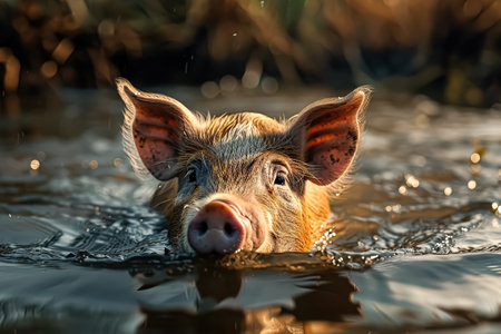 Pig is swimming in a pond. The water is murky and the pig is looking up at the cameraの素材