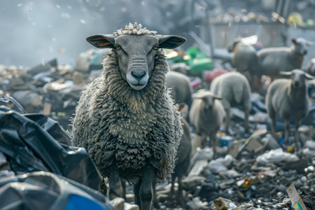 Sheep is standing in a pile of trash with other sheep. The sheep is looking at the camera and he is angryの素材
