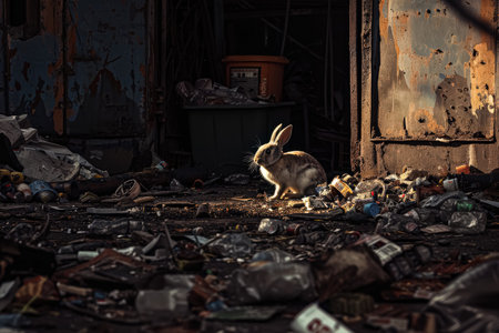 Rabbit is standing in a pile of trash. The scene is dark and dirty, with the rabbit being the only source of lightの素材