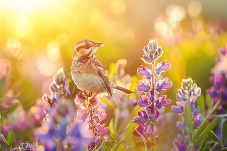 Small bird is perched on a purple flower. The bird is brown and white, and it is looking down at the flower. The flower is purple and has a delicate appearance. The scene is peaceful and sereneの素材