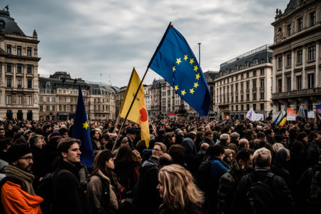 Large crowd of people are holding up flags and protesting. The flags are blue and yellow. Scene is one of protest and unityの素材