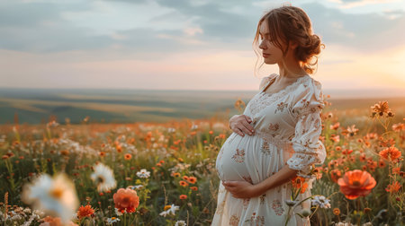 Woman is standing in a field of flowers, with a baby bump. The scene is serene and peaceful, with the woman looking out over the fieldの素材