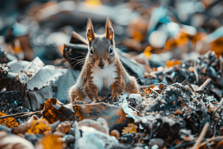 Squirrel is standing in a pile of leaves and debris. The scene is somewhat chaotic and messy, with the squirrel looking up at the camera. Scene is somewhat unsettlingの素材