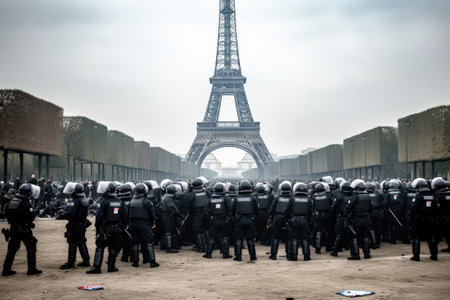 Group of police officers stand in front of the Eiffel Tower. The scene is tense and seriousの素材