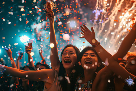 Group of people are celebrating with fireworks and one woman is holding a bottle. Scene is joyful and festiveの素材