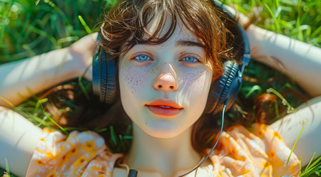 Woman is laying on the grass with headphones on her ears. She has a smile on her face and she is enjoying her musicの素材