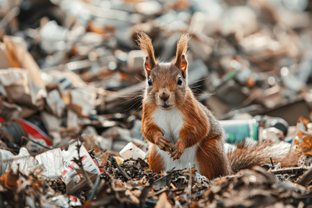 Squirrel is standing in a pile of trash. The trash is mostly made up of plastic bottles and cans. The squirrel appears to be curious and is looking up at the cameraの素材