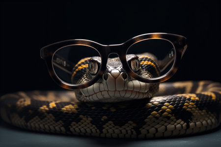 Snake wearing glasses is shown in a black and white photo. The snake is wearing a pair of glasses that are brown and black. The photo has a moody and mysterious feel to itの素材