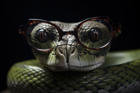 Green snake wearing glasses. The snake is wearing glasses and has a serious look on its faceの素材