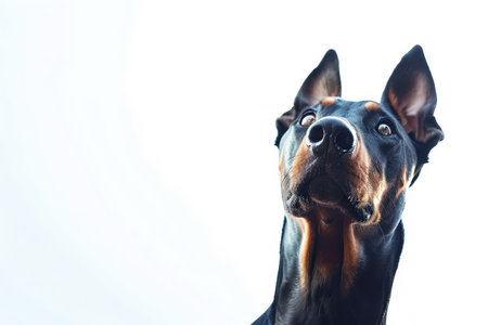 Dog with a black nose and brown ears is looking at the camera. The dog's eyes are wide open, and it is curious or surprisedの素材