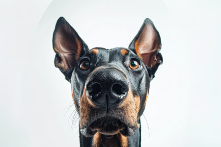 Dog with a black nose and brown ears is looking at the camera. The dog's nose is covered by a black nose coneの素材