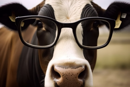 Cow with glasses on his face. The cow is wearing glasses and looking at the camera. The image has a playful and humorous mood, as it is not a common sight to see a cow wearing glassesの素材