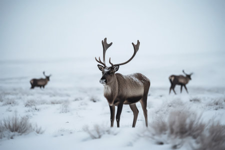 Deer stands in the snow with its antlers raised. The other two deer are in the backgroundの素材