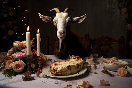 Goat is sitting on a table with a cake and candles. The goat is looking at the camera and he is curious about the cake. The table is set with a cake, candles, and other itemsの素材